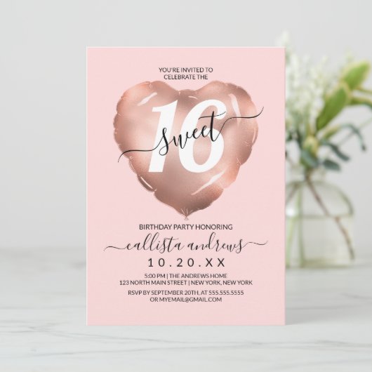 Invitation Fille Blush Rose Gold Foil Coeur Balloon Sweet 16 (Debout devant)
