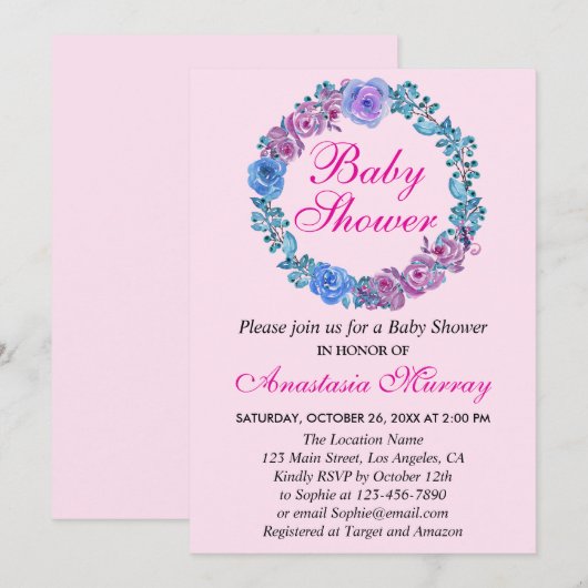 Invitation Fille Blush rose violet Baby shower de couronne fl (Devant / Derrière)