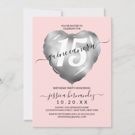 Invitation Fille Blush Silver Foil Coeur Balloon Quinceañera (Devant)