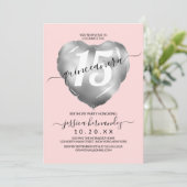 Invitation Fille Blush Silver Foil Coeur Balloon Quinceañera (Debout devant)