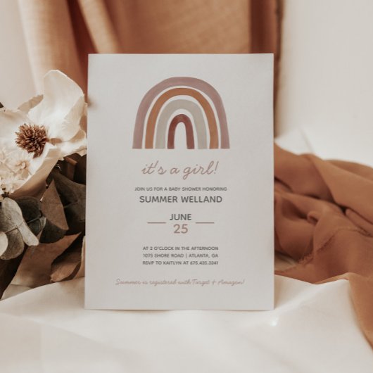 Invitation Fille Boho Aquarelle Baby shower arc-en-ciel