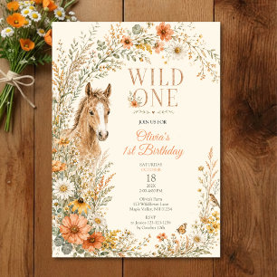 Invitation Fille Boho Orange Anniversaire Cheval Fleur Sauvag