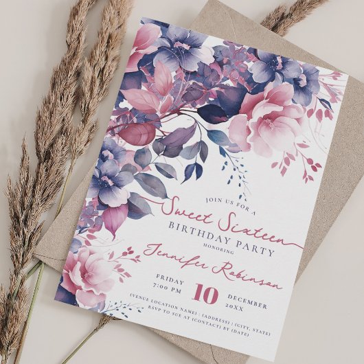Invitation Fille Boho Purple Floral Sweet 16 Anniversaire