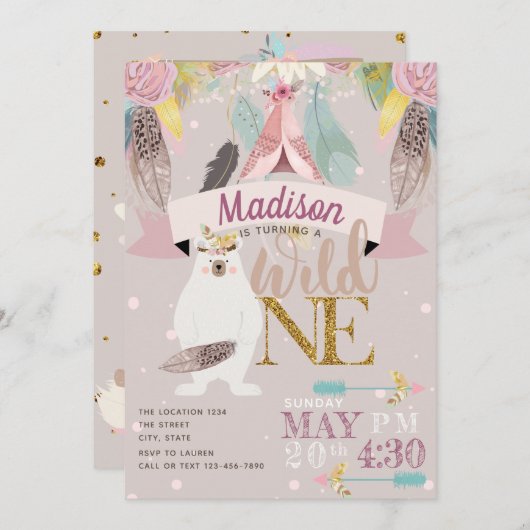 Invitation Fille Boho Wild One Premier Anniversaire (Devant / Derrière)
