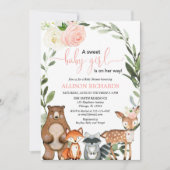 Invitation Fille bois vert baby shower fleuri (Devant)