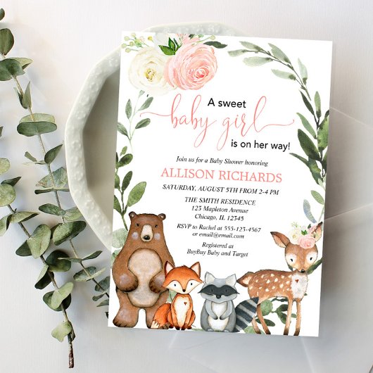 Invitation Fille bois vert baby shower fleuri