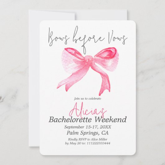 Invitation Fille Bows avant Vows Pink Bachelorette Party (Devant)