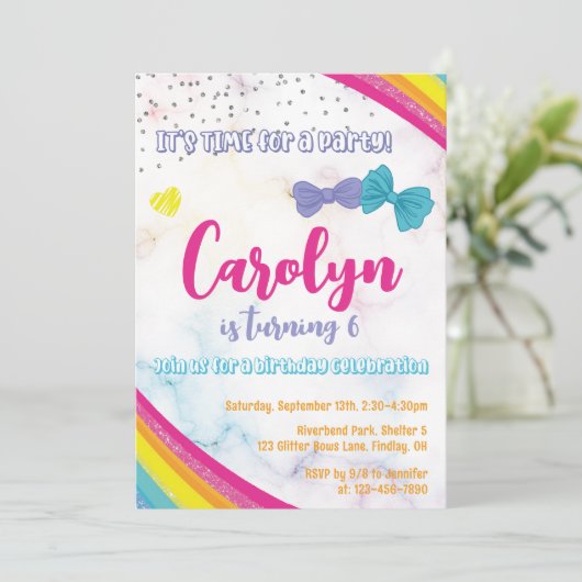 Invitation Fille Bows Parties scintillant Arc-en-ciel fête d' (Debout devant)