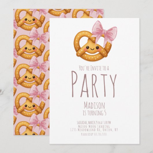 Invitation Fille Bretzel Mignonne Fête d'Anniversaire (Devant / Derrière)