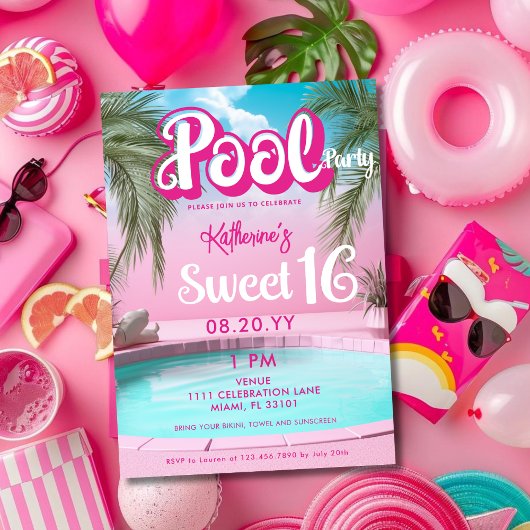 Invitation Fille Bright Hot Pink Pool Party Sweet 16 Seteen