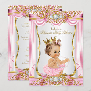 Invitation Fille brune Princesse Baby Shower Rose Soie Or
