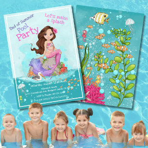 Invitation Fille Brunette Pink Mermaid Fête de piscine d'été