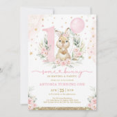Invitation Fille Bunny 1er anniversaire Pink Floral Balloon P (Devant)