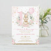 Invitation Fille Bunny 1er anniversaire Pink Floral Balloon P (Debout devant)
