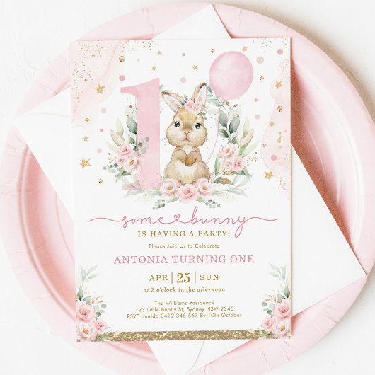 Invitation Fille Bunny 1er anniversaire Pink Floral Balloon P