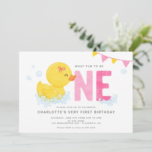 Invitation Fille canard en caoutchouc Premier anniversaire fê (Debout devant)