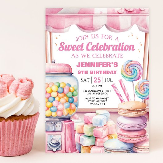 Invitation Fille Candy Land Retro Rose Sweets Anniversaire