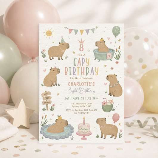 Invitation Fille Capybara Pastel Anniversaire : Fille Anniver