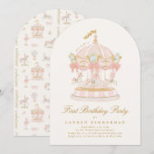 Invitation Fille Carrousel Conte de Fées Crème Arche Fête d'a (Devant / Derrière)