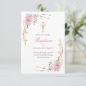 Invitation Fille catholique Baptême fleur joyeuse (Debout devant)