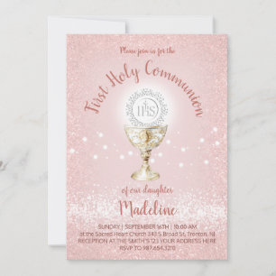 Invitation Fille catholique de première communion rose