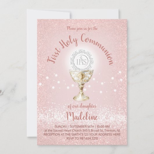 Invitation Fille catholique de première communion rose (Devant)