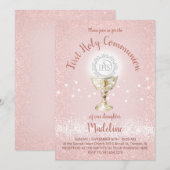 Invitation Fille catholique de première communion rose (Devant / Derrière)