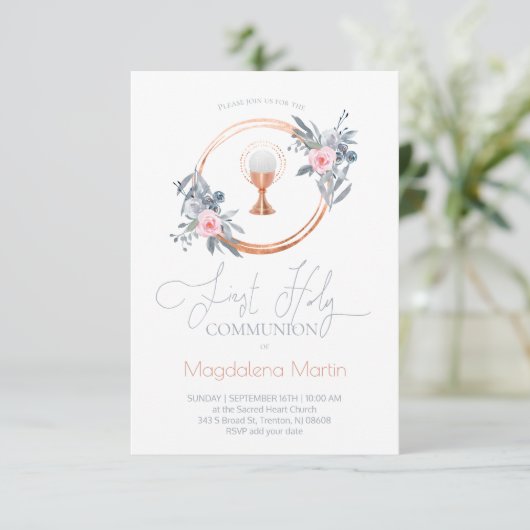 Invitation fille catholique première communion florale (Debout devant)