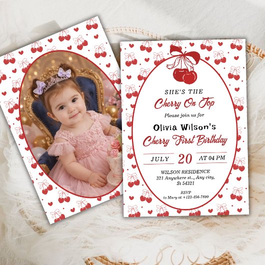 Invitation Fille Cerise sur le Gâteau 1er Anniversaire avec P
