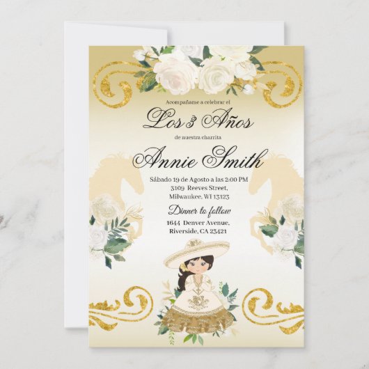 Invitation Fille Charra Mexicaine Espagnole 3 ans Or (Devant)