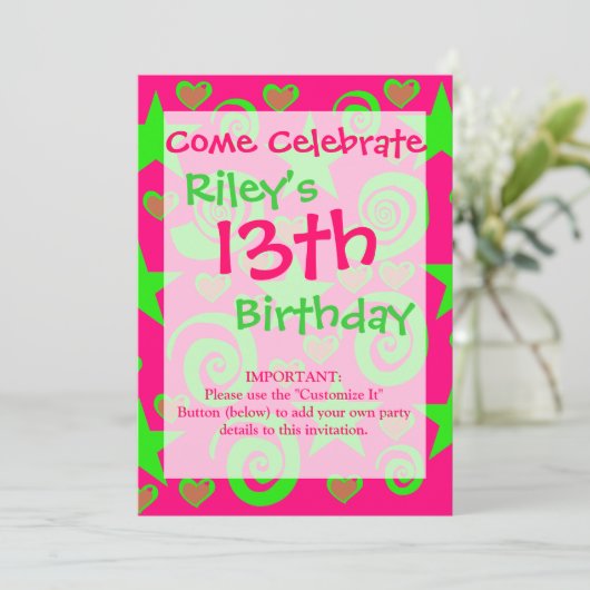 Invitation Fille Chaud Rose Lime Vert Étoiles Coeurs Éperies (Debout devant)