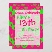 Invitation Fille Chaud Rose Lime Vert Étoiles Coeurs Éperies  (Devant / Derrière)