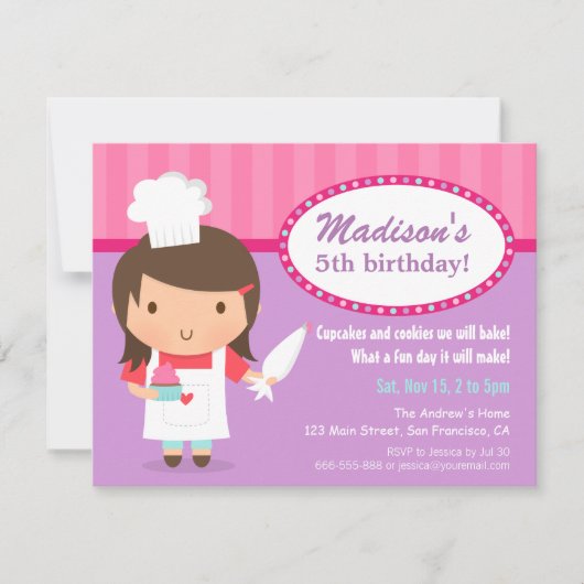 Invitation Fille Chef Cupcake Frosting Baking Anniversaire (Devant)