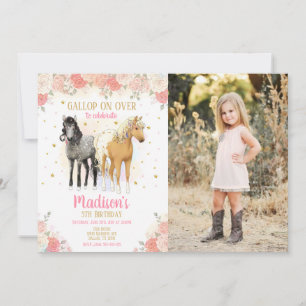 Invitation Fille Cheval Poney Aquarelle Floral Photo Annivers