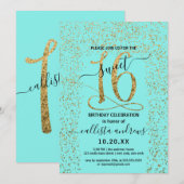 Invitation Fille Chic Aqua Gold Confetti Bordure Sweet 16 (Devant / Derrière)