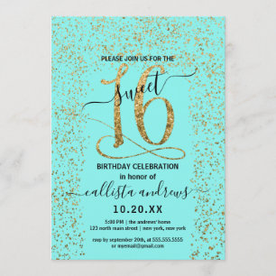 Invitation Fille Chic Aqua Gold Confetti Bordure Sweet 16