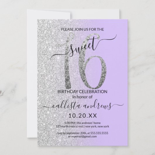 Invitation Fille Chic Lavande Argent Parties scintillant Ombr (Devant)