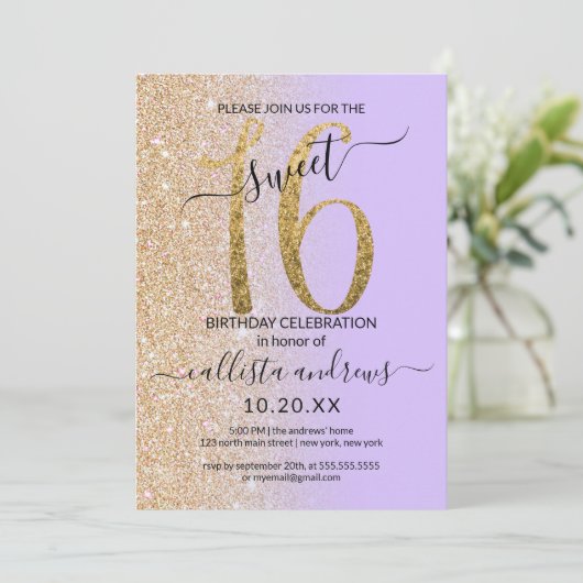 Invitation Fille Chic Lavender Gold Parties scintillant Ombre (Debout devant)