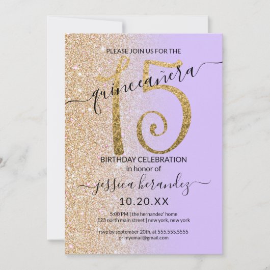 Invitation Fille Chic Lavender Parties scintillant Or Ombre Q (Devant)