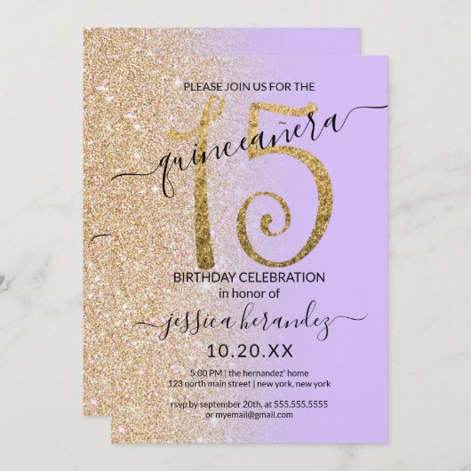 Invitation Fille Chic Lavender Parties scintillant Or Ombre Q (Devant / Derrière)