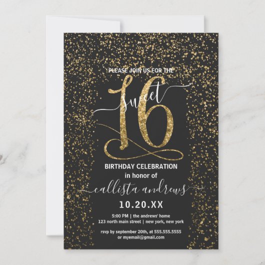 Invitation Fille Chic Noir Confetti Bordure Sweet 16 (Devant)