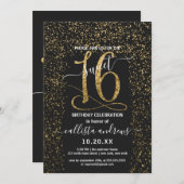 Invitation Fille Chic Noir Confetti Bordure Sweet 16 (Devant / Derrière)