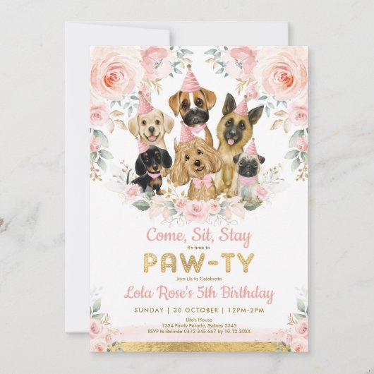 Invitation Fille Chien Chien Chien Fête Anniversaire Fleurs R (Devant)