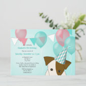 Invitation fille chien thème fête d'anniversaire ballons rose (Debout devant)