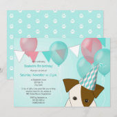 Invitation fille chien thème fête d'anniversaire ballons rose (Devant / Derrière)