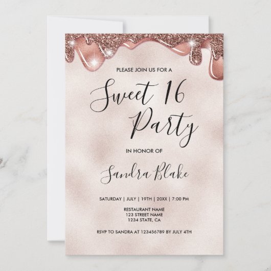 Invitation Fille chocolat gouttes d'or rose doux (Devant)