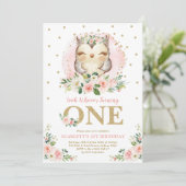 Invitation Fille Chouette Blush Rose Floral 1er anniversaire (Debout devant)