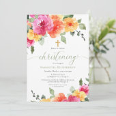 Invitation Fille Christening brillant ressort rose orangé flo (Debout devant)