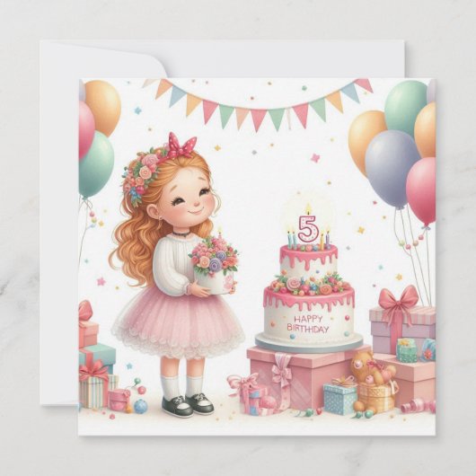 Invitation Fille cinq ans anniversaire (Devant)