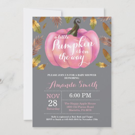 Invitation Fille Citrouille d'automne Baby shower rose et Gar (Devant)